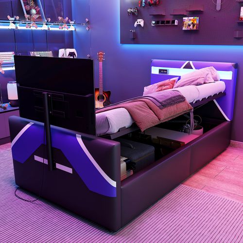 Lit Coffre Enfant 90x200 Cm, Lit Avec Rangement Hydraulique, Avec LED Et Support TV, En Tissu, Noir