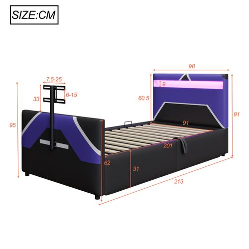 Lit Coffre Enfant 90x200 Cm, Lit Avec Rangement Hydraulique, Avec LED Et Support TV, En Tissu, Noir