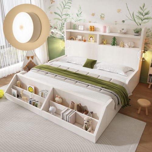 Lit Adulte 140x200 Cm, Tête De Lit De Rangement Et Veilleuses, Sommier à Lattes, En Bois, Blanc