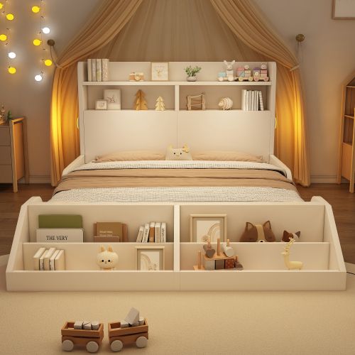 Lit Adulte 140x200 Cm, Tête De Lit De Rangement Et Veilleuses, Sommier à Lattes, En Bois, Blanc