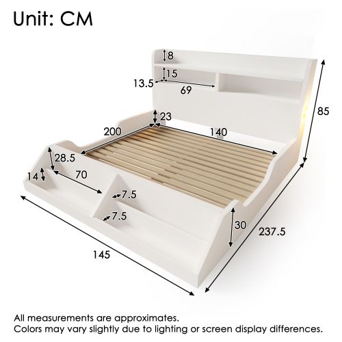 Lit Adulte 140x200 Cm, Tête De Lit De Rangement Et Veilleuses, Sommier à Lattes, En Bois, Blanc