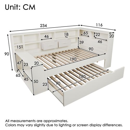 Lit Gigogne 90x190 Cm Et 90x180 Cm, Avec Tête De Lit Et Rangements, Ports USB Et Type-c, Blanc