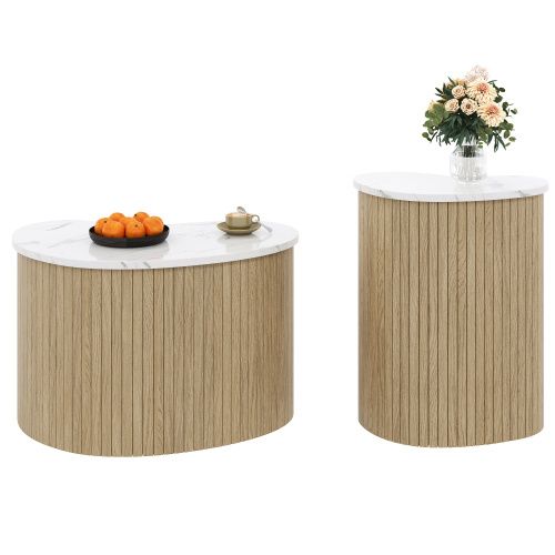 Lot De 2 Table Basse Courbée Naturel Et Blanc, Style Scandinave