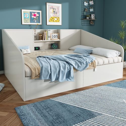 Lit Coffre 140x190 Cm, Tête De Lit De Rangement, Avec Lattes Et Ports USB Et Type-c, En Bois, Blanc