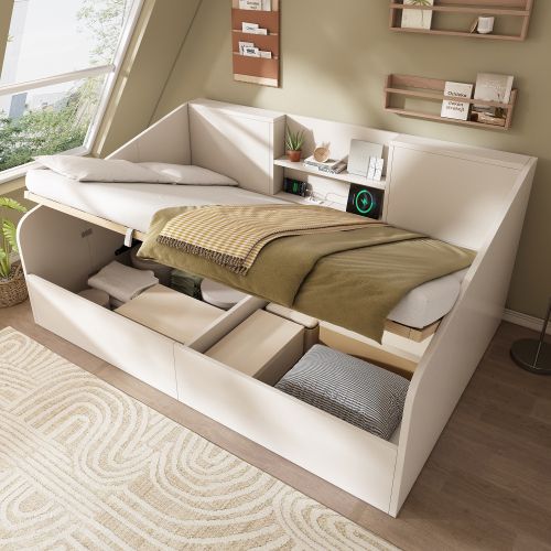 Lit Coffre 140x190 Cm, Tête De Lit De Rangement, Avec Lattes Et Ports USB Et Type-c, En Bois, Blanc