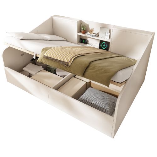 Lit Coffre 140x190 Cm, Tête De Lit De Rangement, Avec Lattes Et Ports USB Et Type-c, En Bois, Blanc