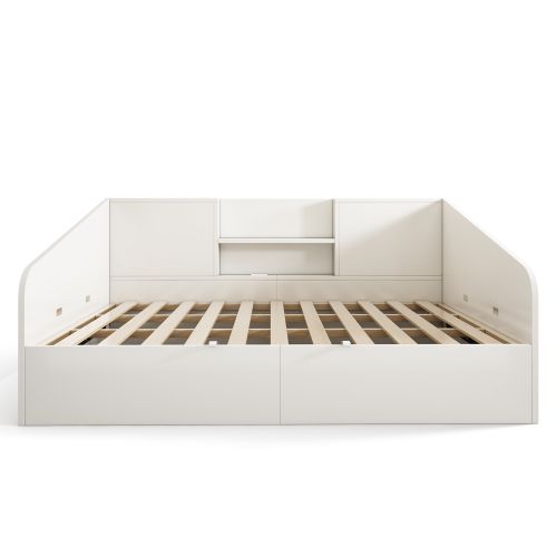 Lit Coffre 140x190 Cm, Tête De Lit De Rangement, Avec Lattes Et Ports USB Et Type-c, En Bois, Blanc