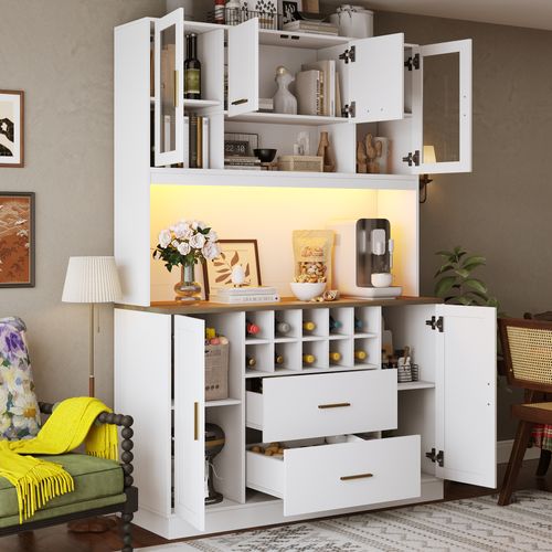 Buffet De Cuisine Haut 120 X 36.3 X 180 Cm, Buffet 6 Portes Avec LED Et Prises USB, 2 Tiroirs, Blanc