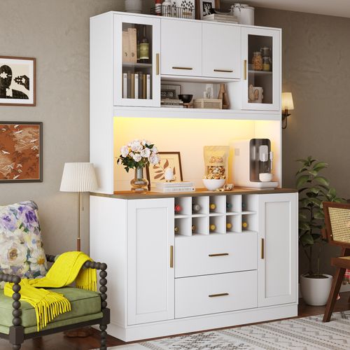 Buffet De Cuisine Haut 120 X 36.3 X 180 Cm, Buffet 6 Portes Avec LED Et Prises USB, 2 Tiroirs, Blanc