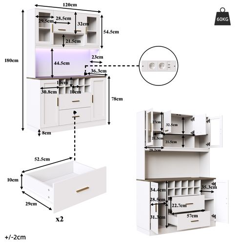 Buffet De Cuisine Haut 120 X 36.3 X 180 Cm, Buffet 6 Portes Avec LED Et Prises USB, 2 Tiroirs, Blanc