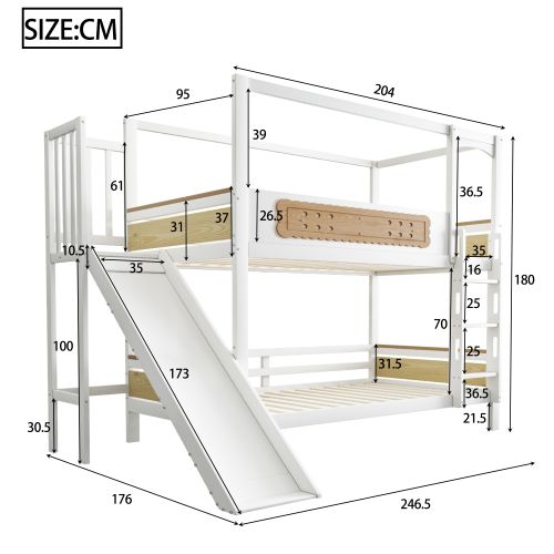 Lit Superposé Enfant 90x200 Cm Avec Toboggan Et Échelle Large, En Bois, Blanc Et Naturel