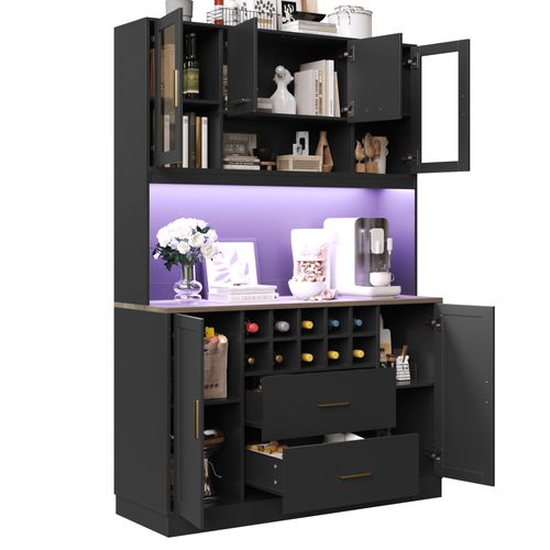 Buffet De Cuisine Haut 120 X 36.3 X 180 Cm, Buffet 6 Portes Avec LED Et Prises USB, Noir