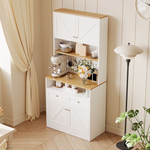 Buffet De Cuisine Blanc 80x40x175 Cm Avec Avec 2 Tiroirs Et 4 Portes