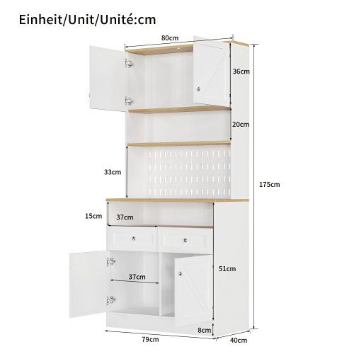 Buffet De Cuisine Blanc 80x40x175 Cm Avec Avec 2 Tiroirs Et 4 Portes