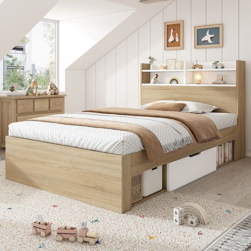 Lit Enfant 90x190 Cm, Tiroirs Et Étagères, Tête De Lit Et Sommier à Lattes, En Bois, Chêne Et Blanc