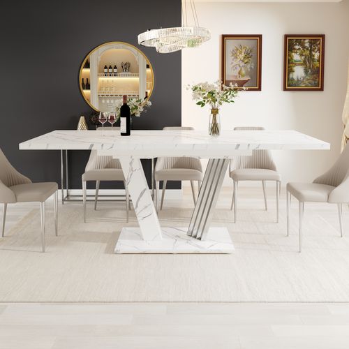Table à Manger Extensible 120-160x80 Cm, Plateau Effet Marbre Blanc, Pieds Métalliques Papillon