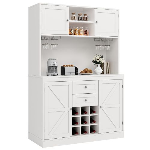 Buffet De Cuisine Haut 120x40x188 Cm Avec 4 Portes, 2 Tiroirs, Casier à Vin, Blanc