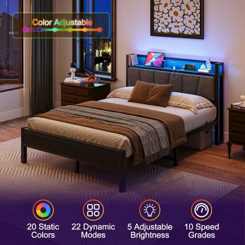 Lit Adulte 140x190 Cm Avec LED Et Tête De Lit De Rangement, En Métal, Noir