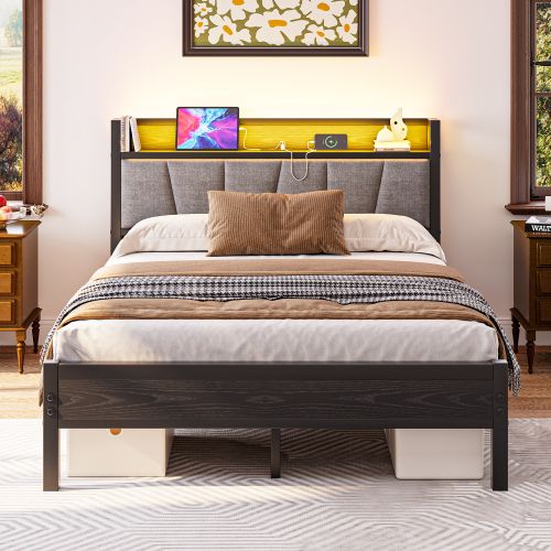 Lit Adulte 140x190 Cm Avec LED Et Tête De Lit De Rangement, En Métal, Noir