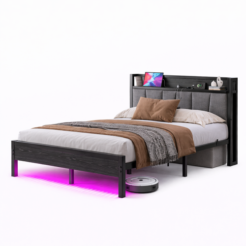 Lit Adulte 140x190 Cm Avec LED Et Tête De Lit De Rangement, En Métal, Noir