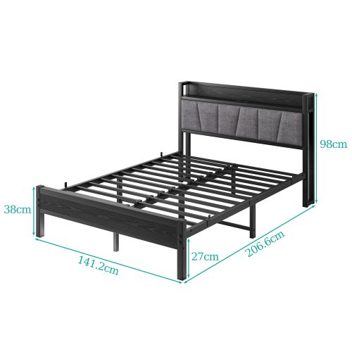 Lit Adulte 140x190 Cm Avec LED Et Tête De Lit De Rangement, En Métal, Noir