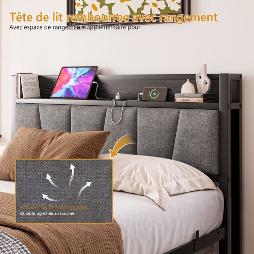 Lit Adulte 140x190 Cm Avec LED Et Tête De Lit De Rangement, En Métal, Noir