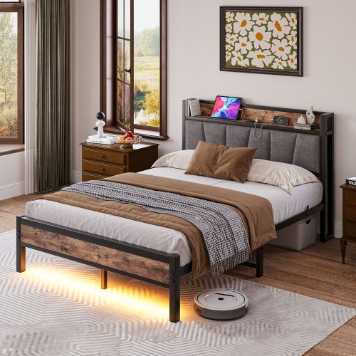Lit Adulte 140x190 Cm Avec Tête De Lit De Rangement, LED Et Ports USB Et Type-c, En Métal, Brun