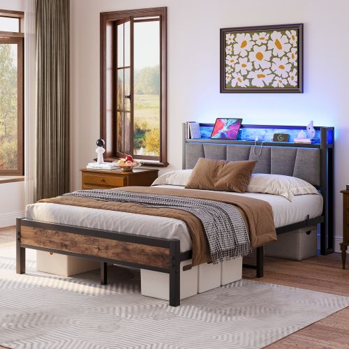Lit Adulte 140x190 Cm Avec Tête De Lit De Rangement, LED Et Ports USB Et Type-c, En Métal, Brun