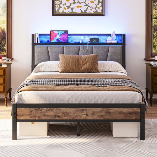 Lit Adulte 140x190 Cm Avec Tête De Lit De Rangement, LED Et Ports USB Et Type-c, En Métal, Brun