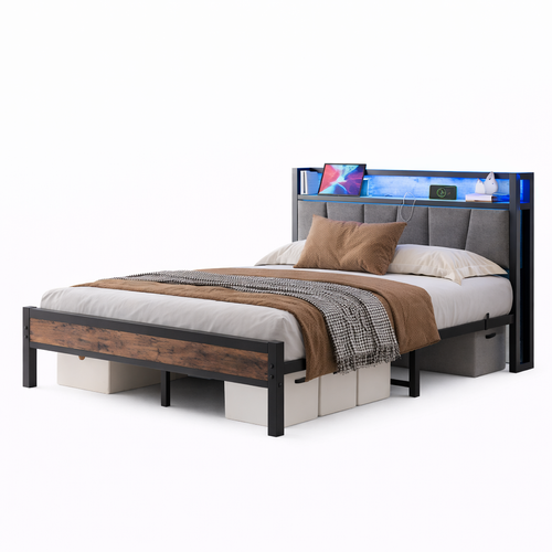 Lit Adulte 140x190 Cm Avec Tête De Lit De Rangement, LED Et Ports USB Et Type-c, En Métal, Brun