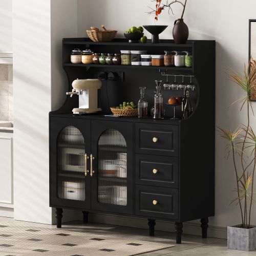 Buffet De Cuisine, Buffet Noir 120x40x138,5 Cm Avec 3 Tiroirs, Verre Strié, USB/type-c