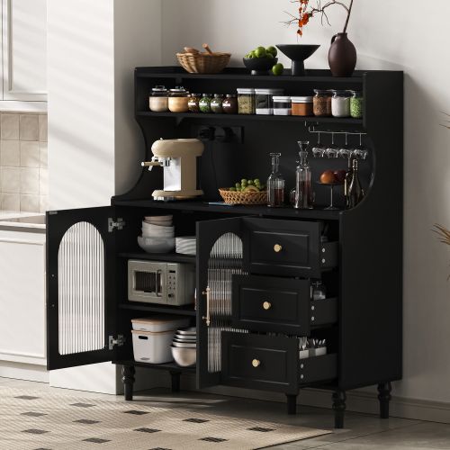 Buffet De Cuisine, Buffet Noir 120x40x138,5 Cm Avec 3 Tiroirs, Verre Strié, USB/type-c