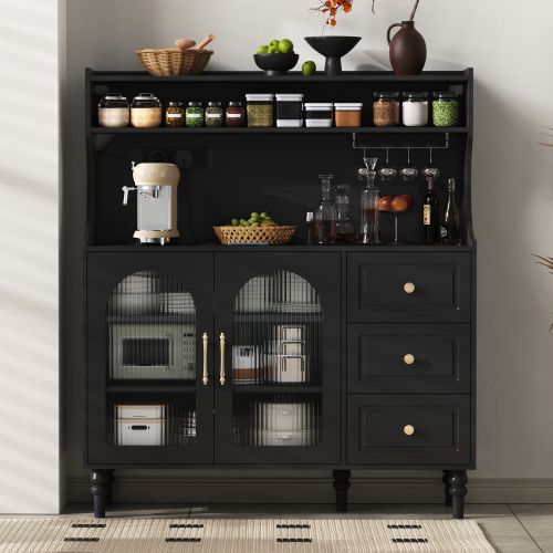 Buffet De Cuisine, Buffet Noir 120x40x138,5 Cm Avec 3 Tiroirs, Verre Strié, USB/type-c