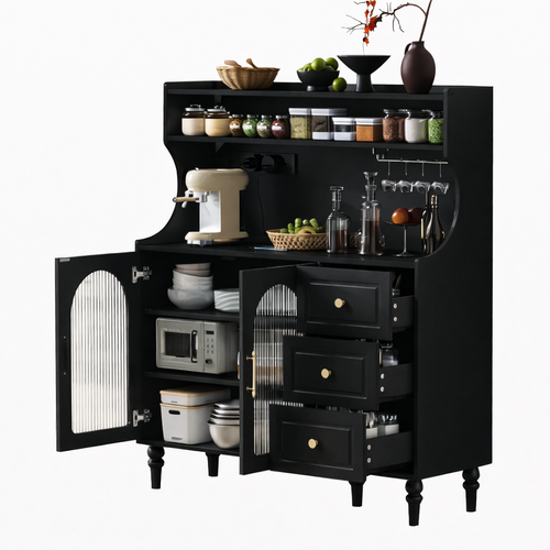 Buffet De Cuisine, Buffet Noir 120x40x138,5 Cm Avec 3 Tiroirs, Verre Strié, USB/type-c