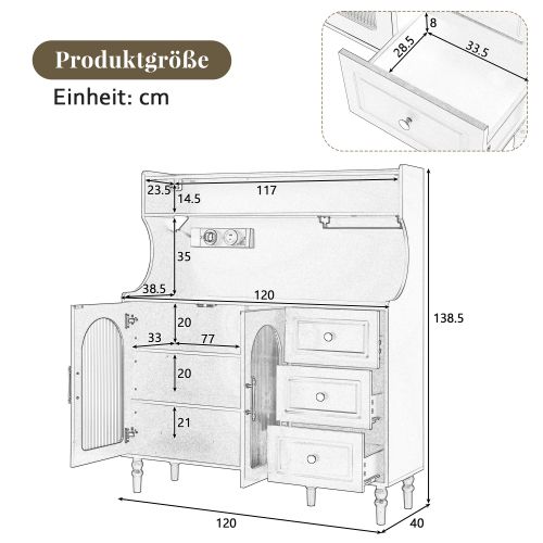 Buffet De Cuisine, Buffet Noir 120x40x138,5 Cm Avec 3 Tiroirs, Verre Strié, USB/type-c