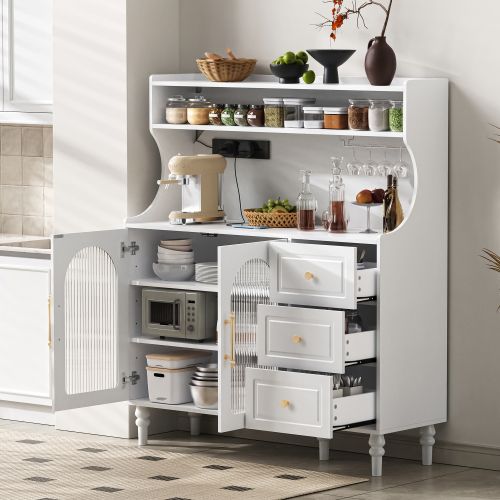 Buffet De Cuisine Haut Blanc 120x40x138.5 Cm Avec 3 Tiroirs, Verre Flûté Et Station De Charge