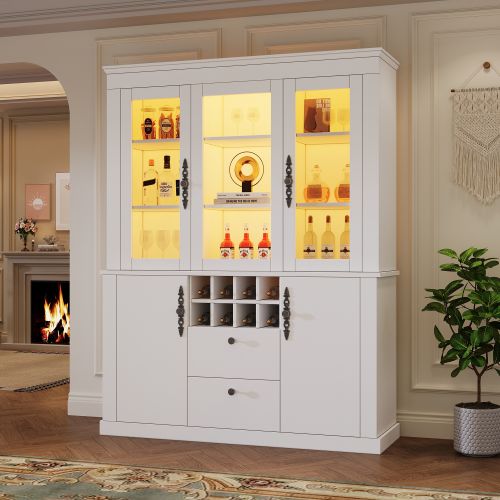 Vitrine Blanche 130 X 37.5 X 170.5 Cm Avec LED, 2 Tiroirs, 4 Portes, 8 Casiers à Vin