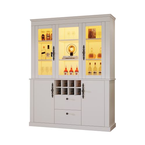 Vitrine Blanche 130 X 37.5 X 170.5 Cm Avec LED, 2 Tiroirs, 4 Portes, 8 Casiers à Vin