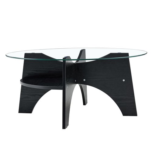 Table Basse Ronde 80 Cm En Verre, Piètement Éventail Noir