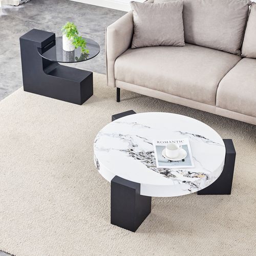 Table Basse Gigogne Ronde 2 Niveaux, Plateau Effet Marbre Blanc, Mdf Noir Et Verre Gris