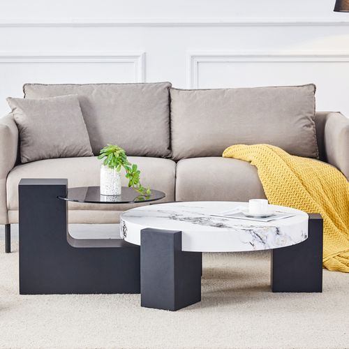 Table Basse Gigogne Ronde 2 Niveaux, Plateau Effet Marbre Blanc, Mdf Noir Et Verre Gris