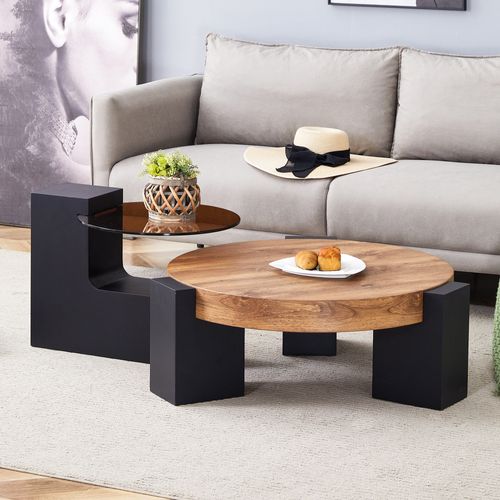 Table Basse Ronde Gigogne 2 Niveaux En Verre Teinté Et Mdf Noir, Effet Bois