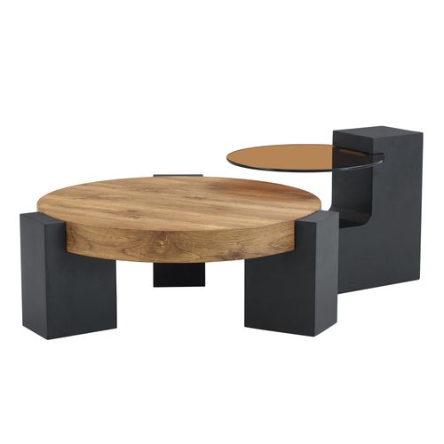 Table Basse Ronde Gigogne 2 Niveaux En Verre Teinté Et Mdf Noir, Effet Bois