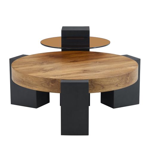 Table Basse Ronde Gigogne 2 Niveaux En Verre Teinté Et Mdf Noir, Effet Bois