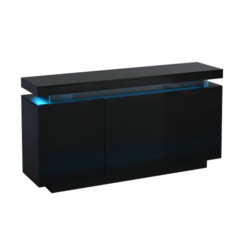 Buffet Noir Brillant Avec 2 Tiroirs Et 4 Portes, Éclairage LED Intégré, Sans Poignées