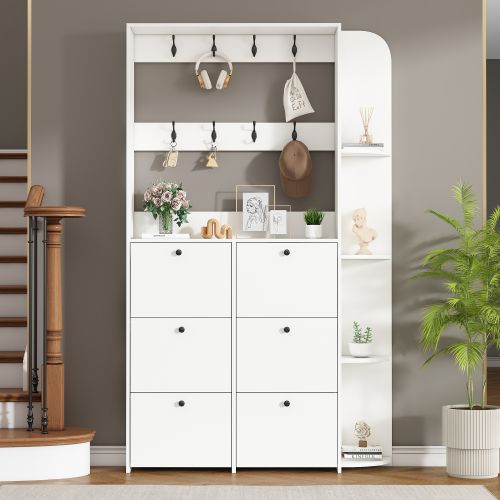 Vestiaire D’entrée Avec 8 Crochets, 8 Compartiments à Chaussures Rabattables, Blanc