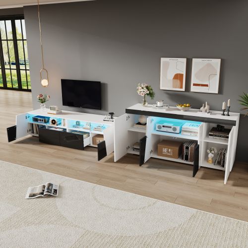 Meuble TV 180 Cm, Brillante, Avec LED, Blanc Et Noir