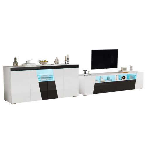 Meuble TV 180 Cm, Brillante, Avec LED, Blanc Et Noir