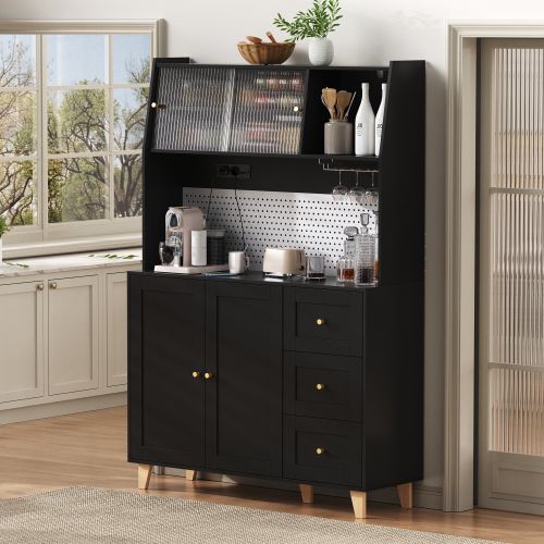 Buffet Haut, Buffet De Cuisine Noir 120x40x184 Cm Avec Tiroirs, Verre Cannelé Et Prises USB/type-c