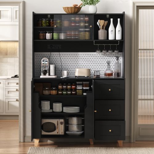 Buffet Haut, Buffet De Cuisine Noir 120x40x184 Cm Avec Tiroirs, Verre Cannelé Et Prises USB/type-c